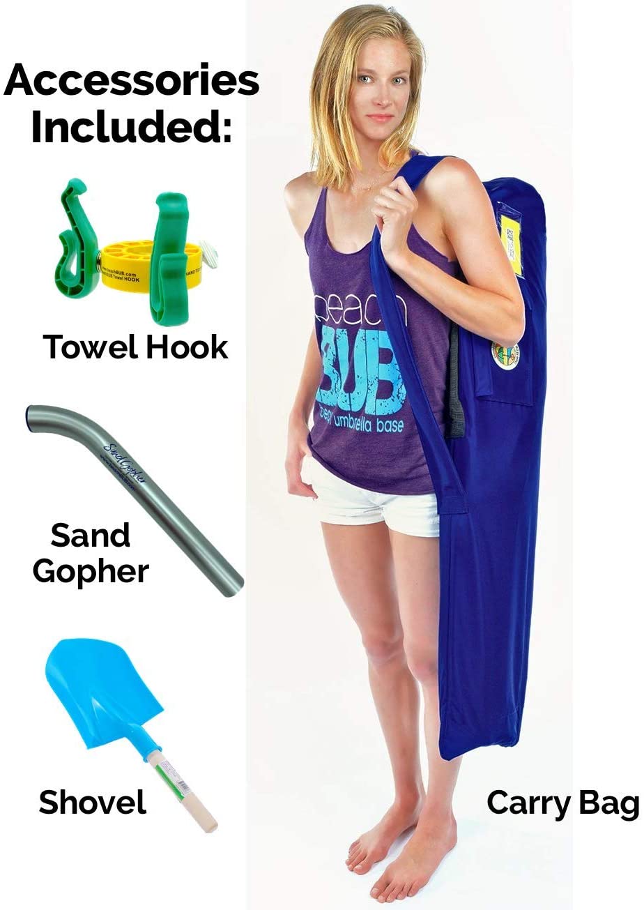 woman carrying a beachBUB beach umbrella with accessories