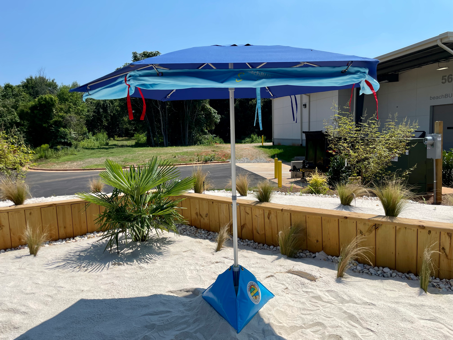 windproof beach umbrella setup outside