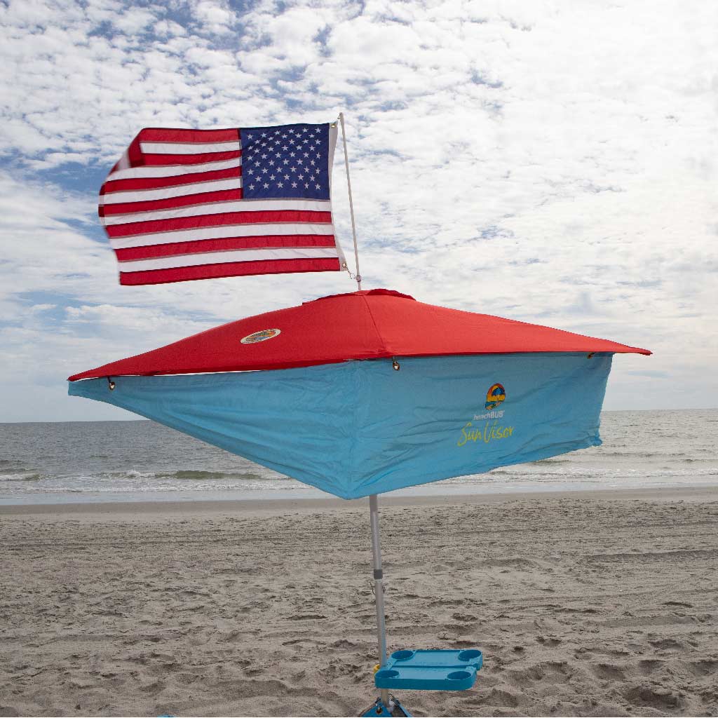 beach umbrella with sunvisor addon and american flag pole