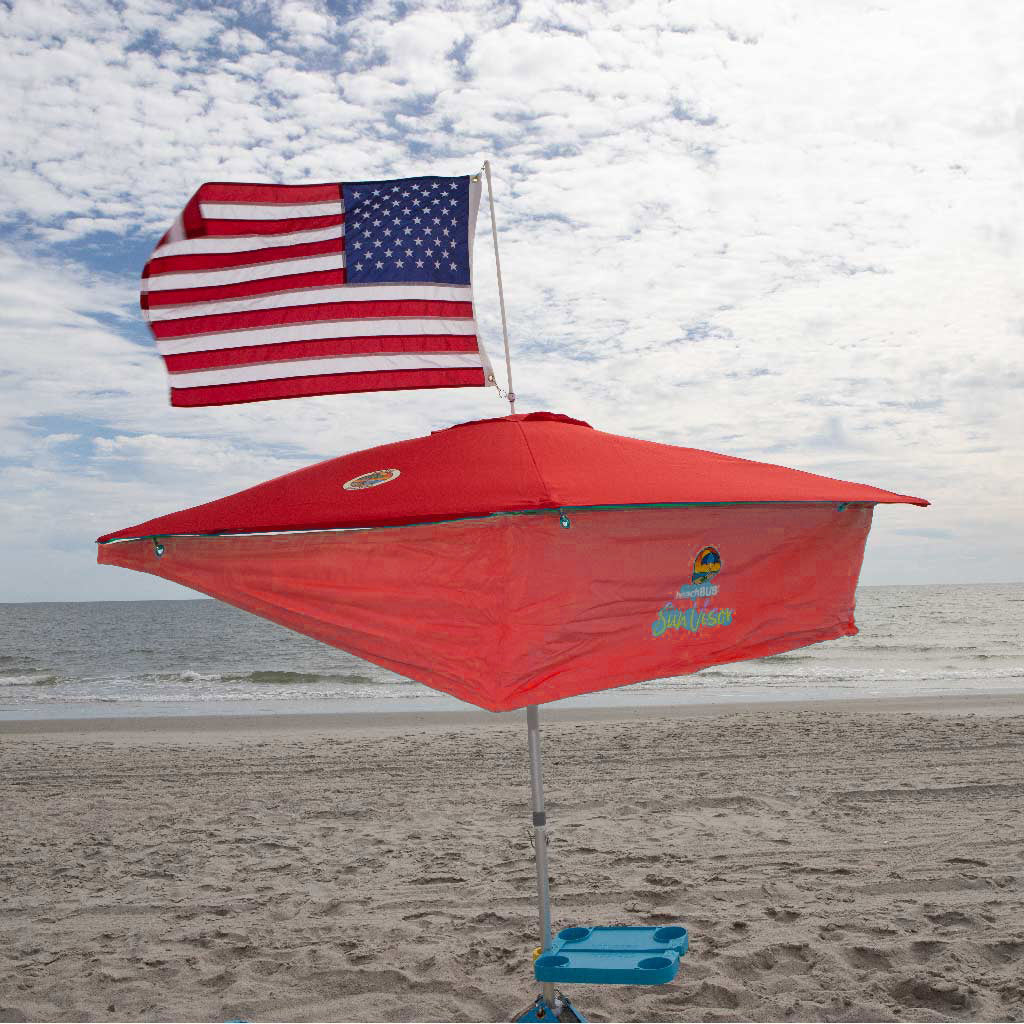 red beach umbrella with sun visor and american flag addons