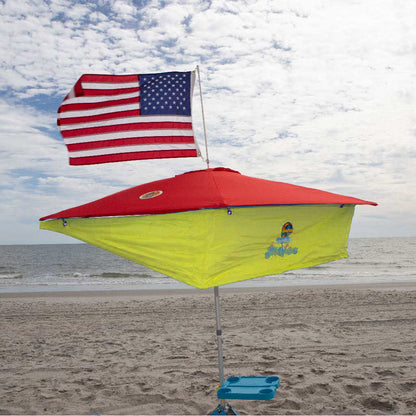 lime green beach umbrella with red canopy and american flag