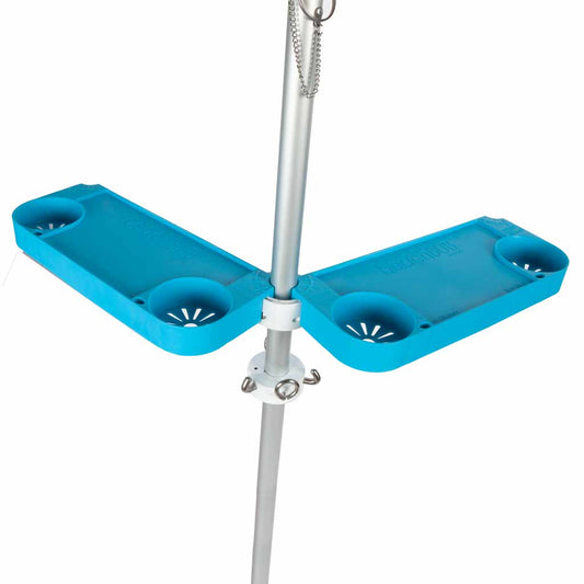 beach umbrella tray table system set up above windproof beach umbrella base